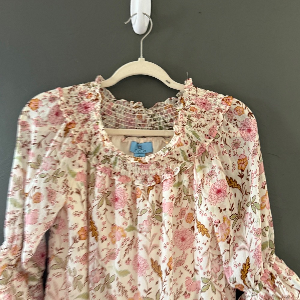 CeCe Smocked Floral Ruffle Tiered Blouse Pink Small Romantic Feminine Coquette - Picture 2 of 8